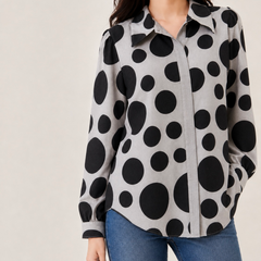 Women’s Grey Black Polka Dot Shirt | Full Sleeve Printed Casual Top for Women