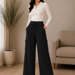 Women’s Premium Knit Wide-Leg Cargo Pants – Black