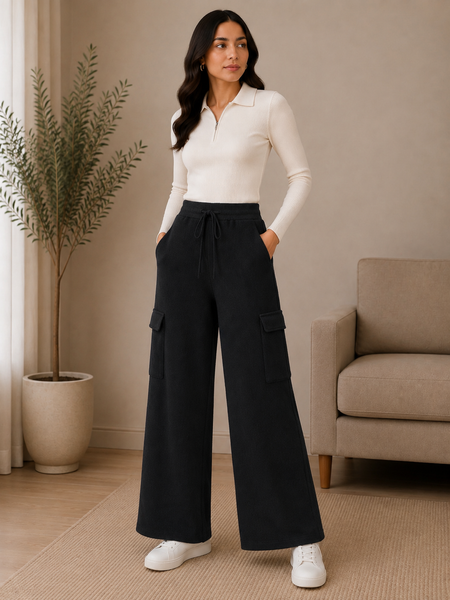 Women’s Premium Knit Wide-Leg Cargo Pants – Black