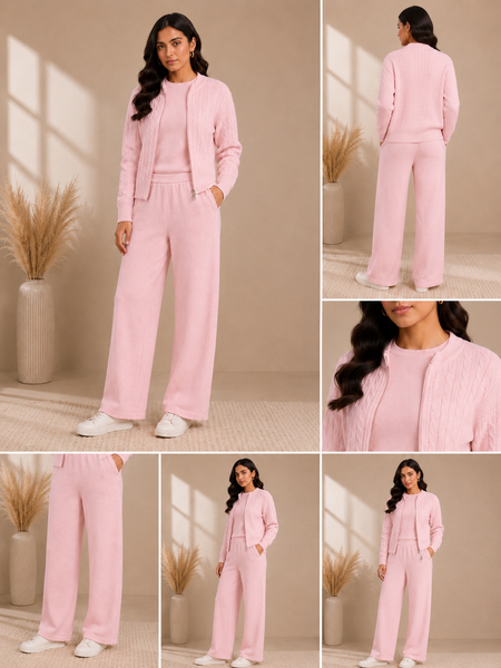 Blush Pink Cable Knit 3-Piece Co-ord Set