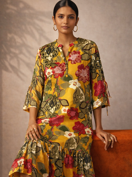 Floral Printed A-Line Midi Dress with Ruffle Hem