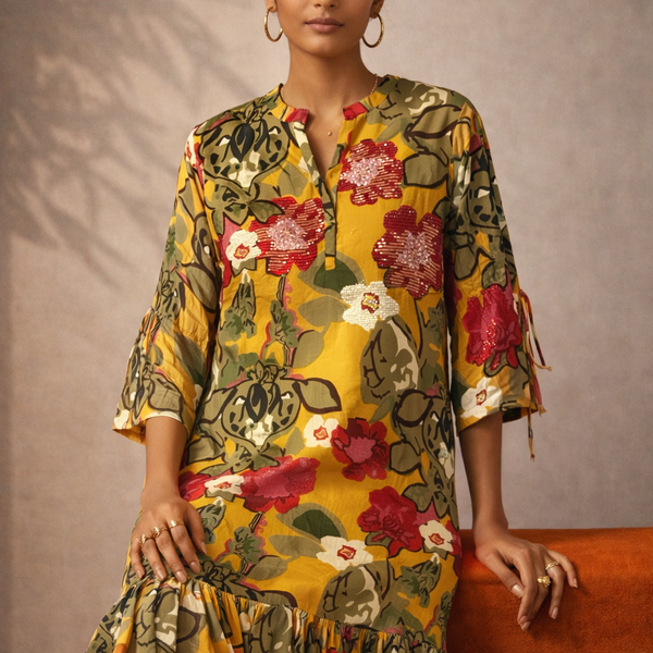 Floral Printed A-Line Midi Dress with Ruffle Hem