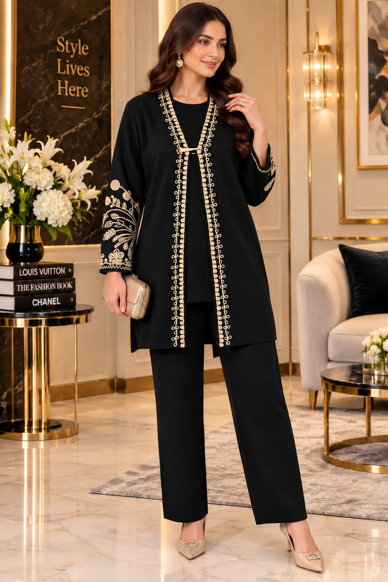 Emerald Elegance Embroidered 3-Piece Winter Co-ord Set