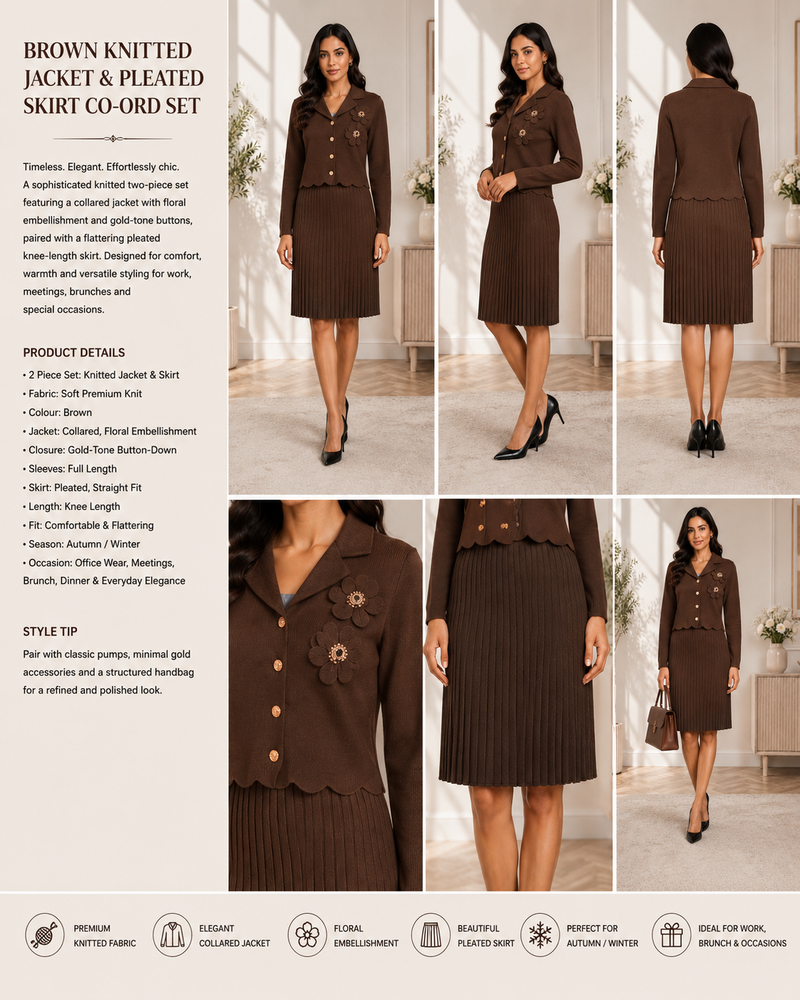 Midnight Bloom Black Knitted Co-ord Set – Floral Cardigan & Pleated Skirt