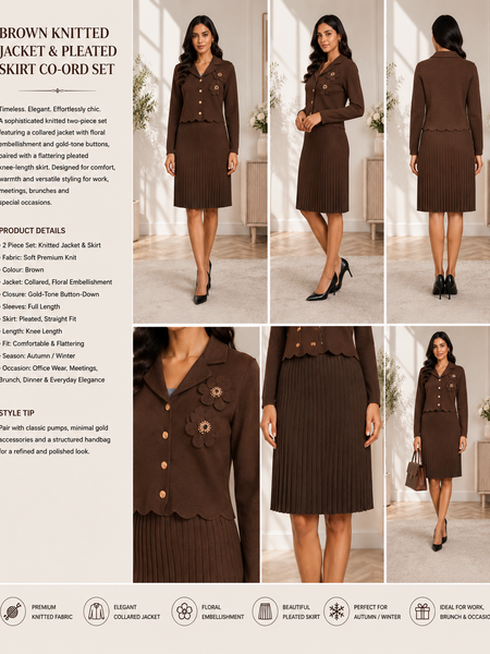Midnight Bloom Black Knitted Co-ord Set – Floral Cardigan & Pleated Skirt