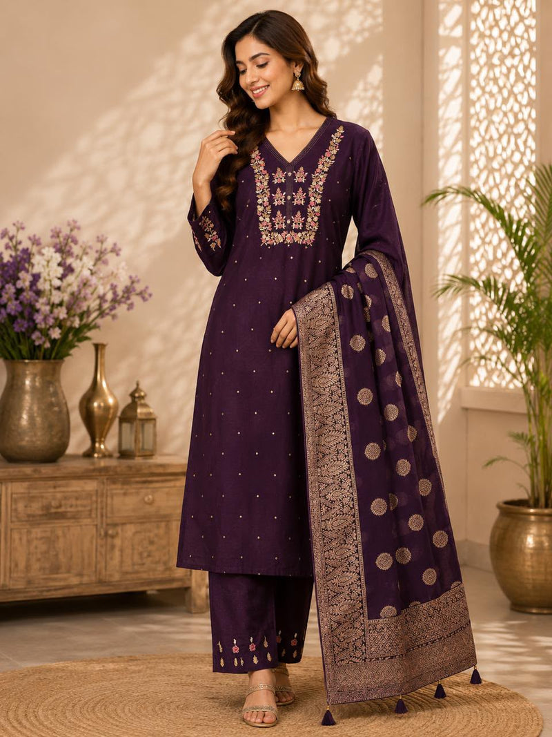 Women’s Royal Purple Embroidered Kurta Pant Set with Banarasi Dupatta | Festive Ethnic Suit