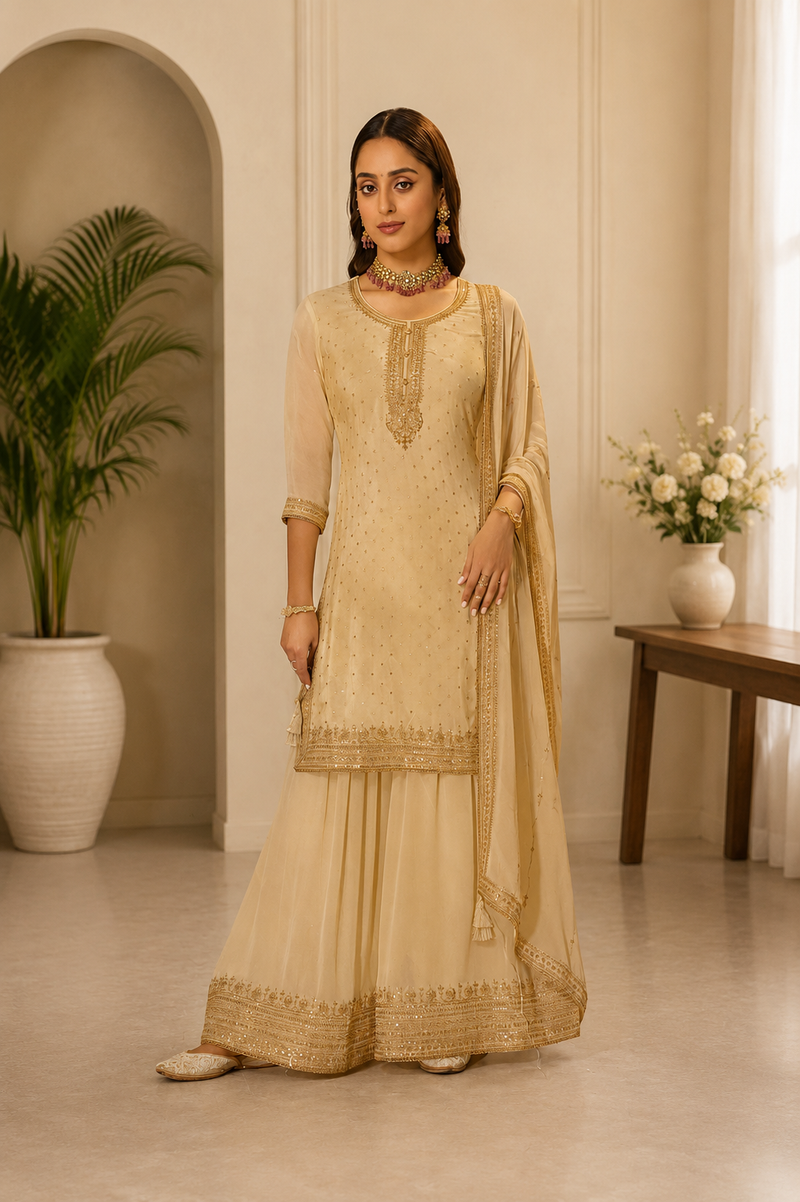 Women’s Teal Blue Embroidered Kurta Sharara Set with Dupatta | Festive 3-Piece Ethnic Suit