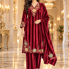 Floral Embroidered Velvet 3-Piece Winter Suit Set