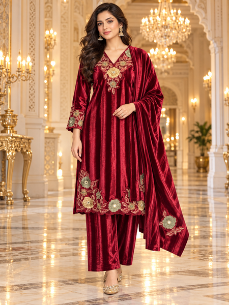 Floral Embroidered Velvet 3-Piece Winter Suit Set