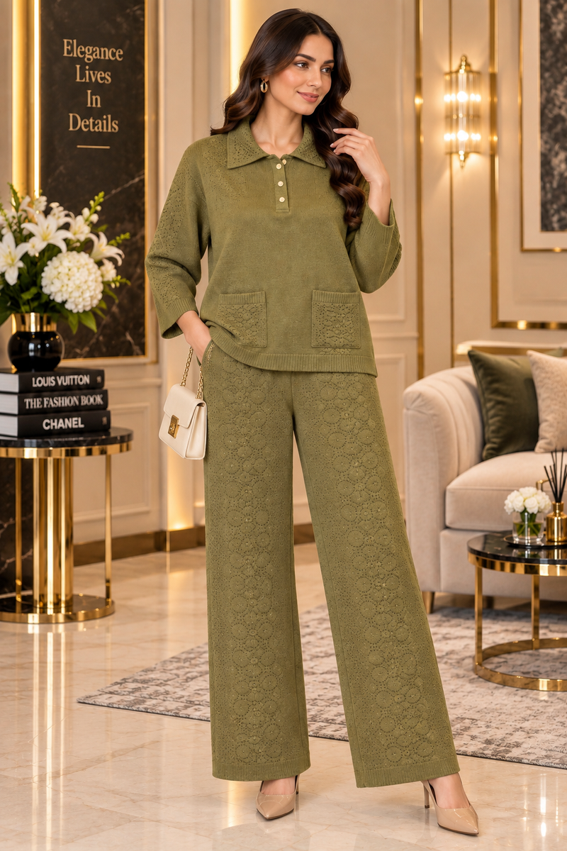 Textured Knit Collared Co-ord Set with Wide-Leg Pants for Women