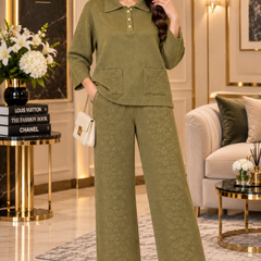Textured Knit Collared Co-ord Set with Wide-Leg Pants for Women
