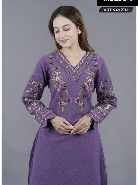 Stay effortlessly elegant with this premium embroidered winter suit in royal plum. Designed with intricate floral thread work on a warm, soft fabric – perfect for everyday comfort and festive charm.