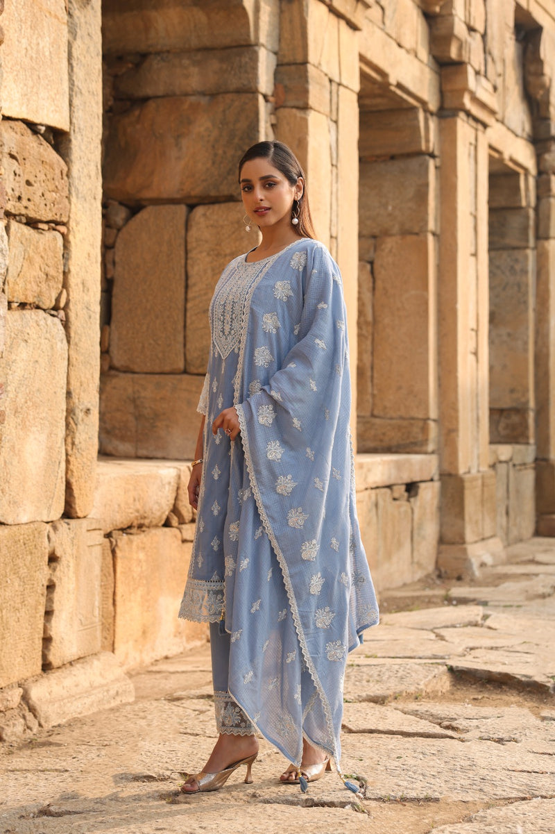 Mulson Mist Blue Embroidered Suit Set