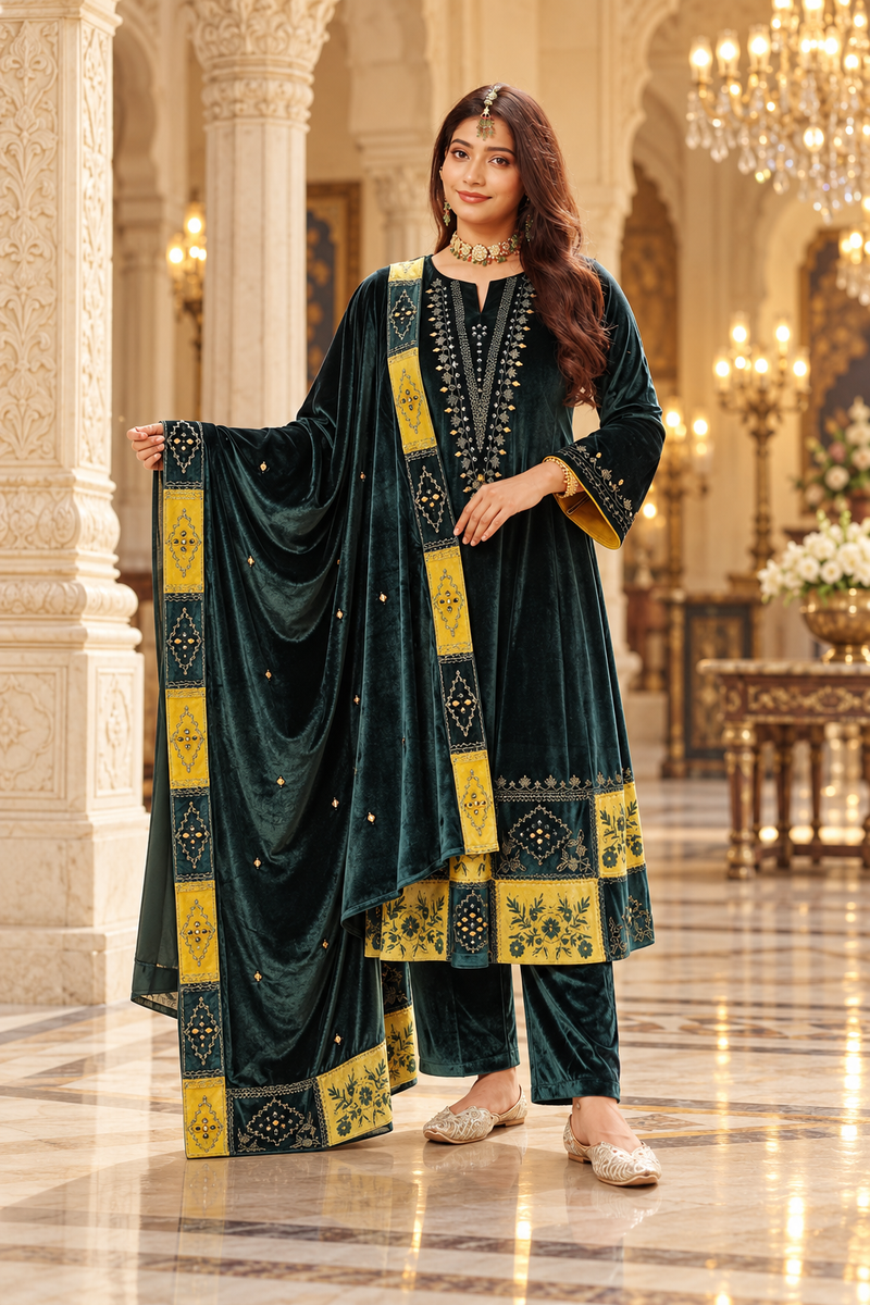 Emerald Green Velvet Embroidered Suit with Mustard Border Dupatta