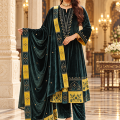 Emerald Green Velvet Embroidered Suit with Mustard Border Dupatta