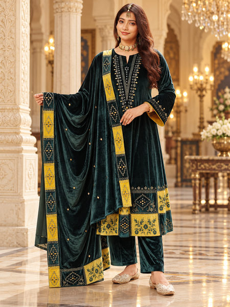 Emerald Green Velvet Embroidered Suit with Mustard Border Dupatta