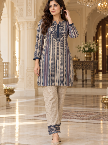 Navy & Beige Geometric Print Co-ord Set