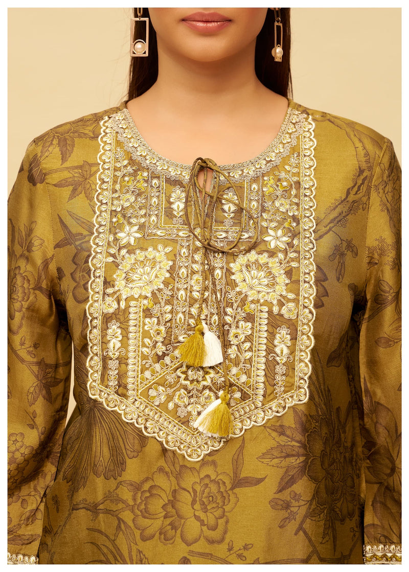 Women’s Printed Kurta Palazzo Set with Embroidered Neckline