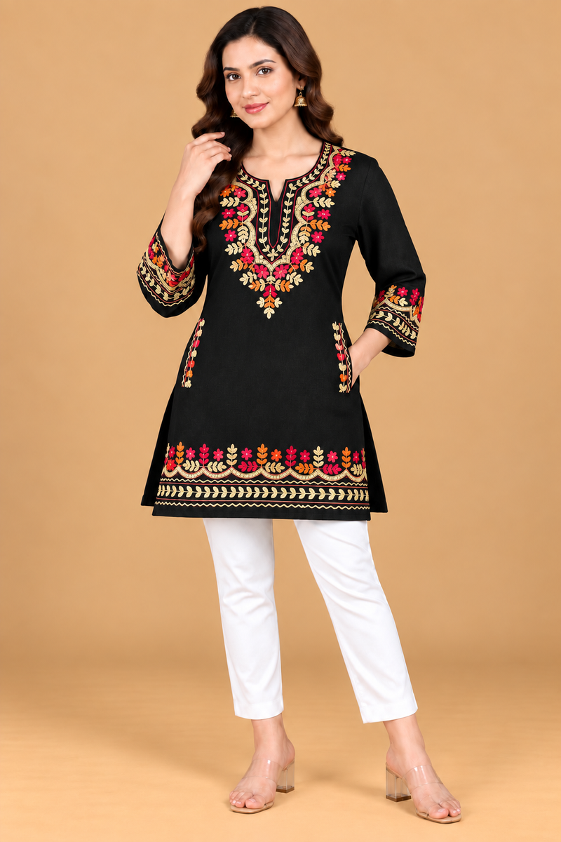 Multicolour Floral Embroidered Short Kurti for Women