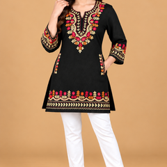 Multicolour Floral Embroidered Short Kurti for Women