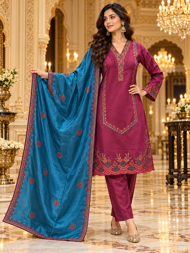 Corduroy Embroidered Kurta Pant Set with Teal Blue Dupatta