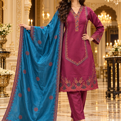 Corduroy Embroidered Kurta Pant Set with Teal Blue Dupatta