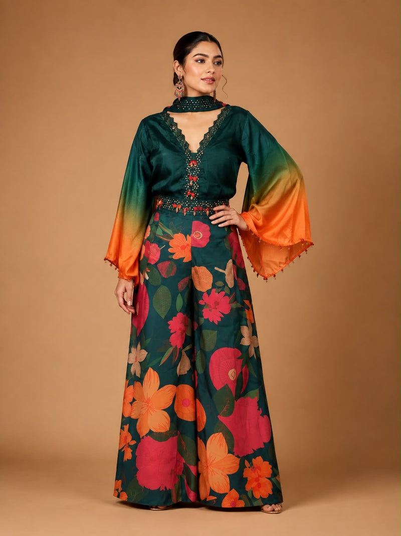 Women’s Bottle Green Floral Printed Palazzo Set with Ombre Bell Sleeve Top & Dupatta | Festive Indo-Western Co-ord