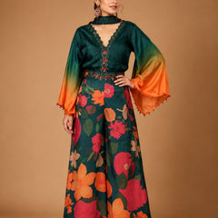Women’s Bottle Green Floral Printed Palazzo Set with Ombre Bell Sleeve Top & Dupatta | Festive Indo-Western Co-ord