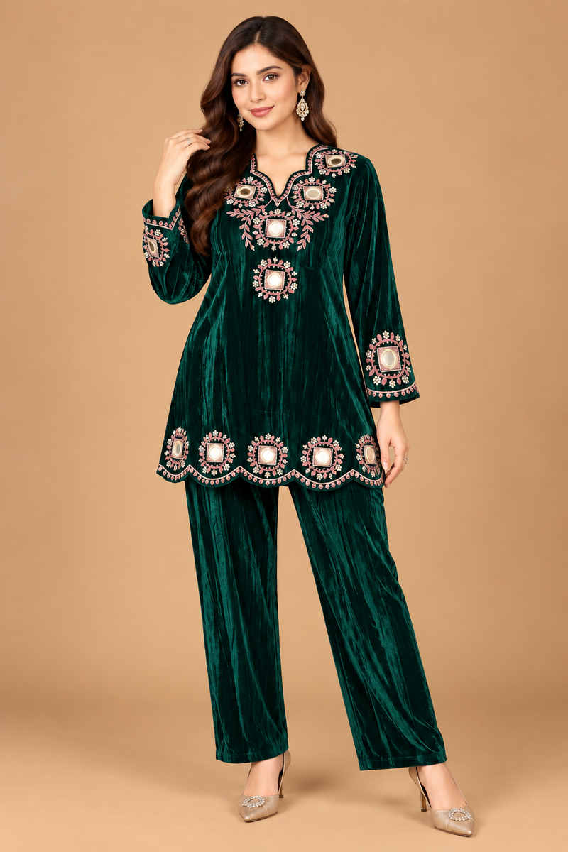 Royal Plum Velvet Mirror Embroidered Co-ord Set