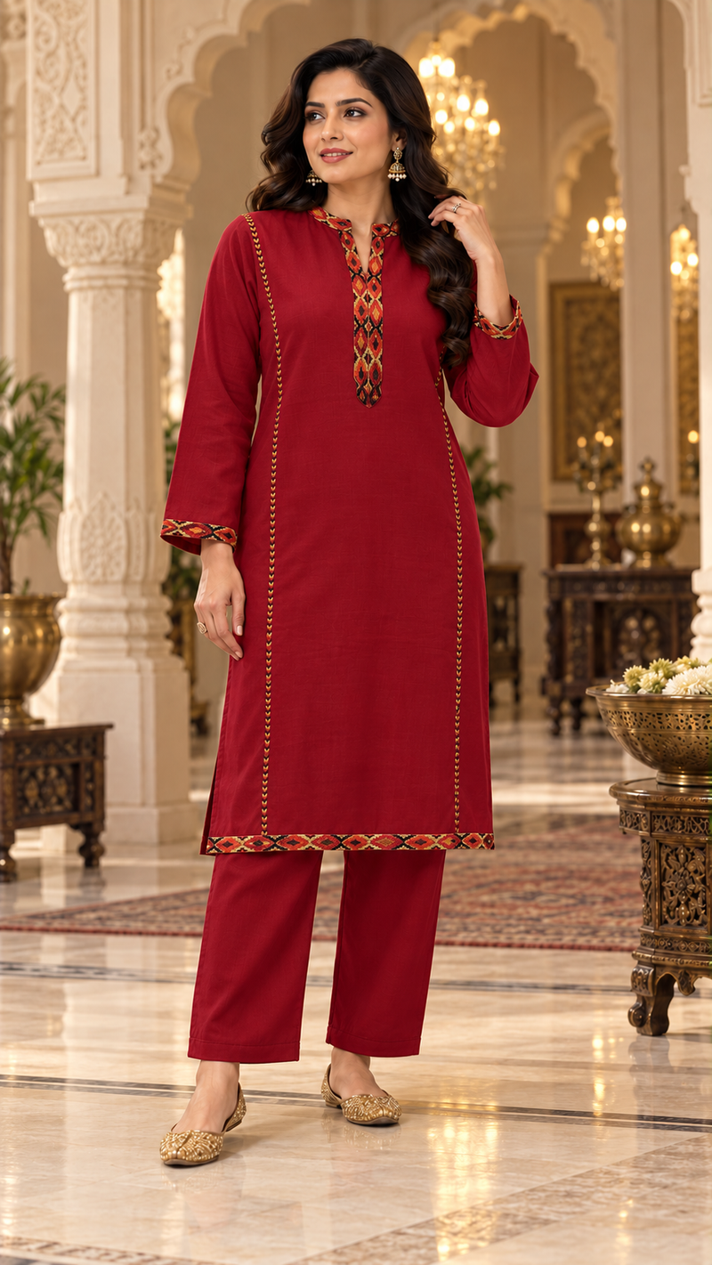Kashmiri Border Work Winter Kurta Pant Set