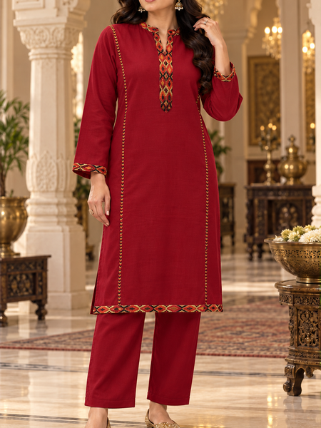 Kashmiri Border Work Winter Kurta Pant Set