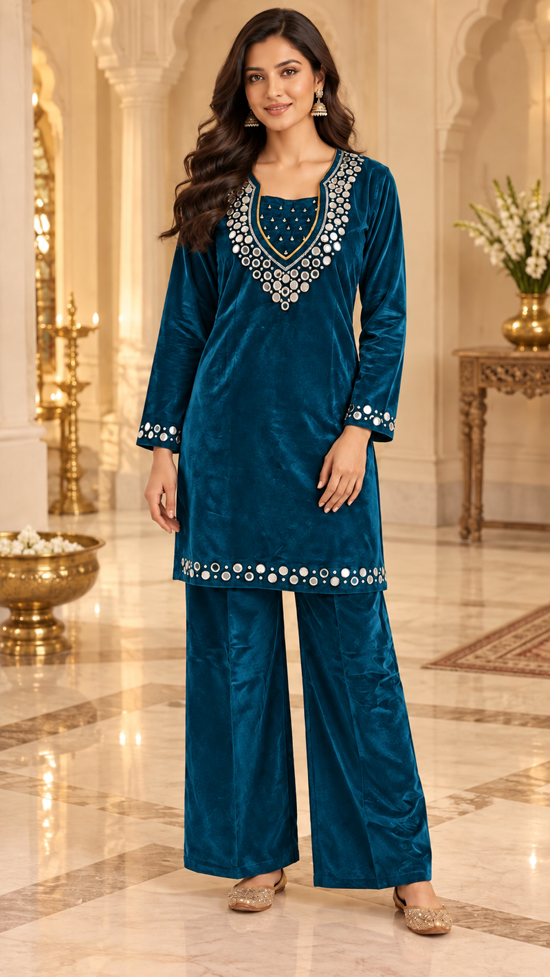 Corduroy Velvet Mirror Work Kurta Palazzo Set