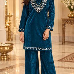 Corduroy Velvet Mirror Work Kurta Palazzo Set