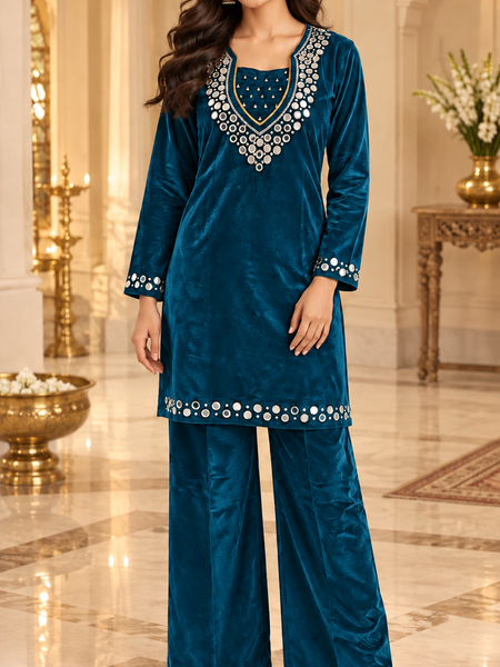 Corduroy Velvet Mirror Work Kurta Palazzo Set