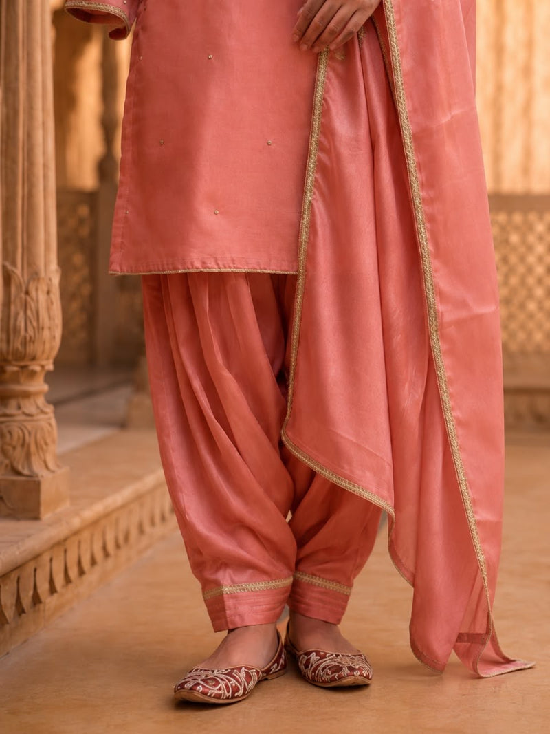 Women’s Peach Embroidered Kurta with Patiala Salwar & Dupatta | Festive Ethnic Suit Set