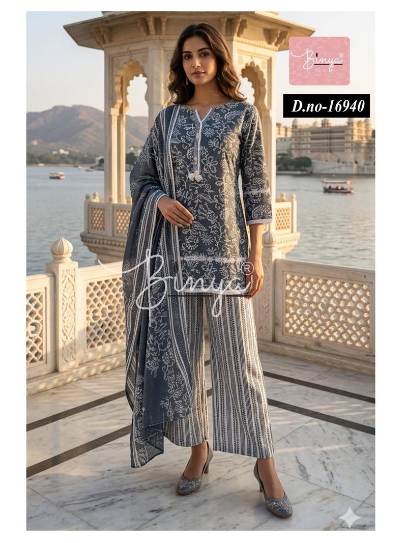 Charcoal Grey Printed Cotton Suit Set with Dupatta for Women | Ethnic Kurta Palazzo Set