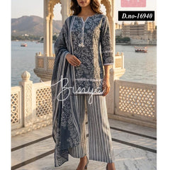 Charcoal Grey Printed Cotton Suit Set with Dupatta for Women | Ethnic Kurta Palazzo Set