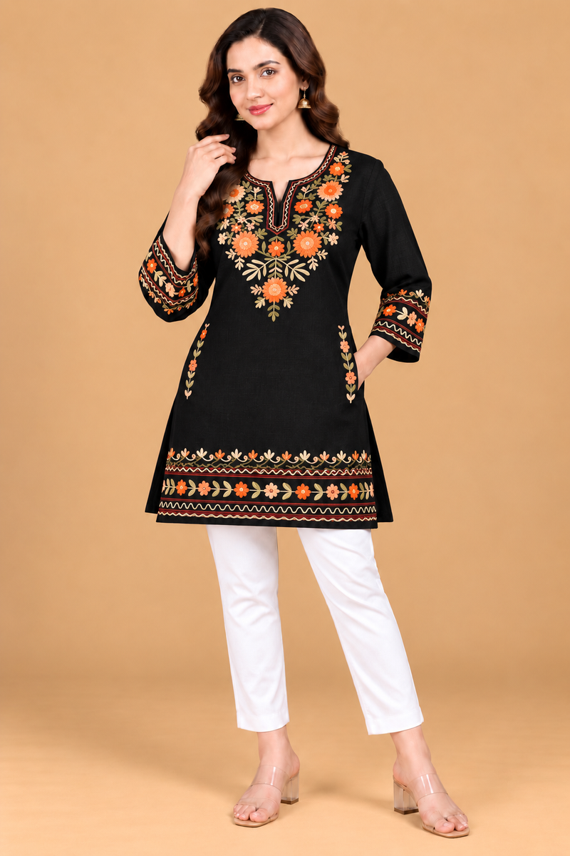 Multicolour Floral Embroidered Short Kurti for Women