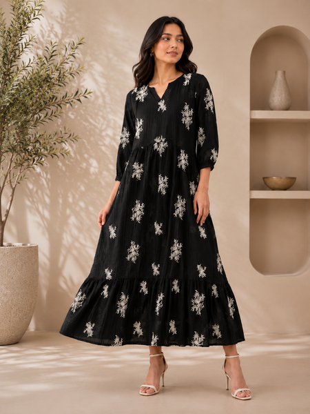 Women’s Black Embroidered Tiered Maxi Dress | Cotton Blend A-Line Midi Dress for Casual & Festive Wear
