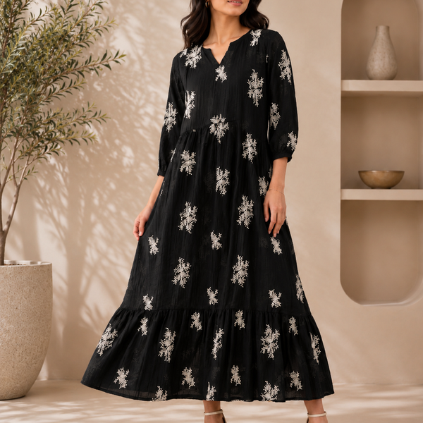 Women’s Black Embroidered Tiered Maxi Dress | Cotton Blend A-Line Midi Dress for Casual & Festive Wear