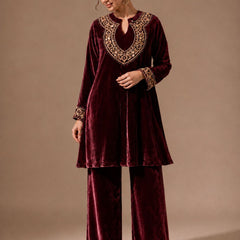 Royal Wine Velvet Embroidered Co-ord Set for Women