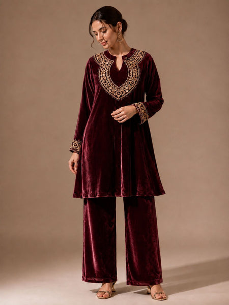 Royal Wine Velvet Embroidered Co-ord Set for Women