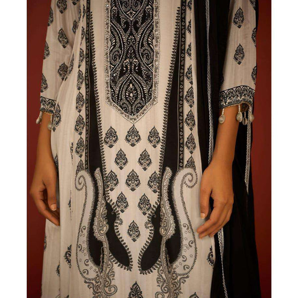 Black & Off-White Printed Rayon Anarkali Kurta Set for Women – Kurta, Palazzo & Dupatta (3-Piece Set)