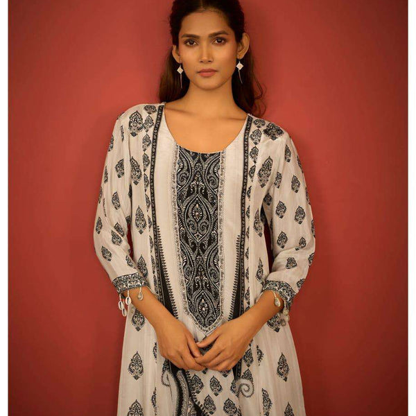 Black & Off-White Printed Rayon Anarkali Kurta Set for Women – Kurta, Palazzo & Dupatta (3-Piece Set)