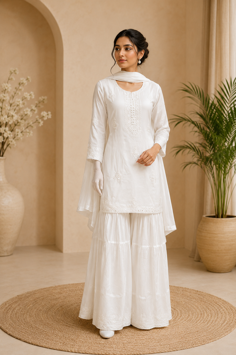 Women’s White Embroidered Kurta Sharara Set with Dupatta | Elegant Cotton Ethnic Wear for Women