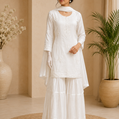 Women’s White Embroidered Kurta Sharara Set with Dupatta | Elegant Cotton Ethnic Wear for Women