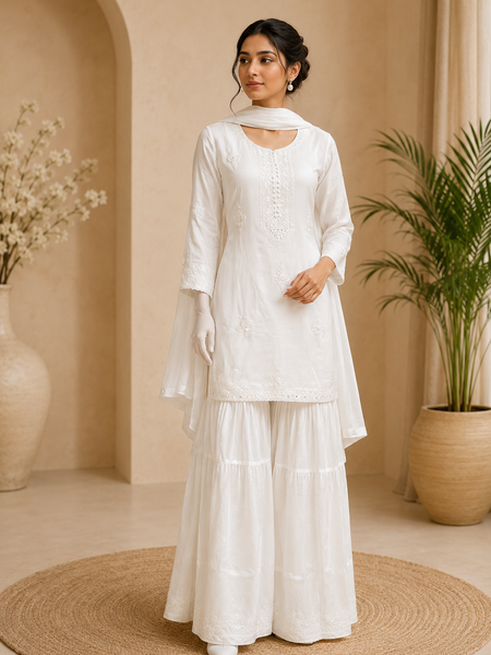 Women’s White Embroidered Kurta Sharara Set with Dupatta | Elegant Cotton Ethnic Wear for Women