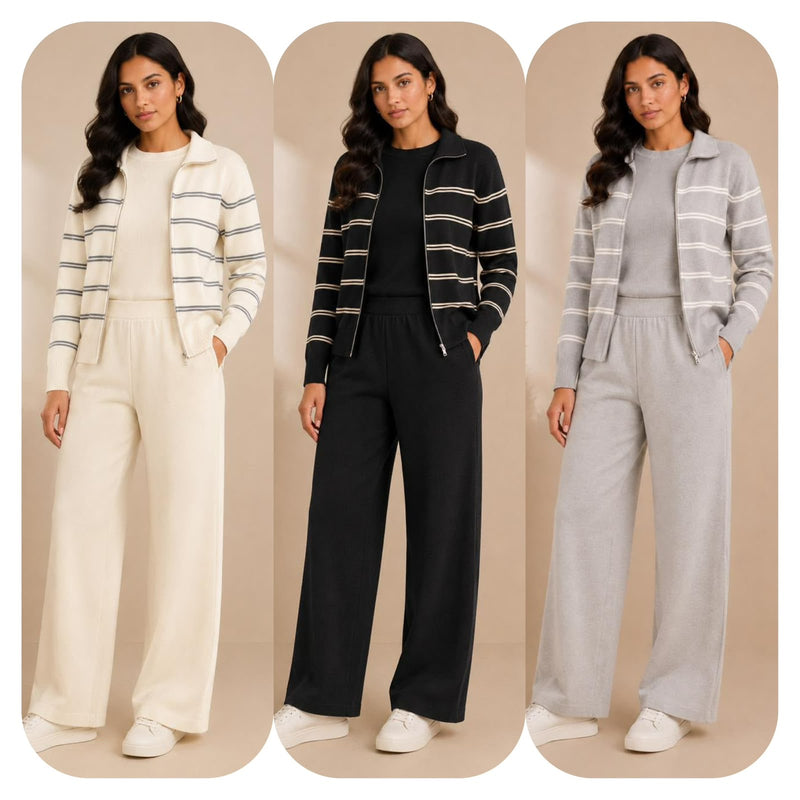 Mulson Ivory Striped 3-Piece Knitted Co-ord Set with Zip Jacket