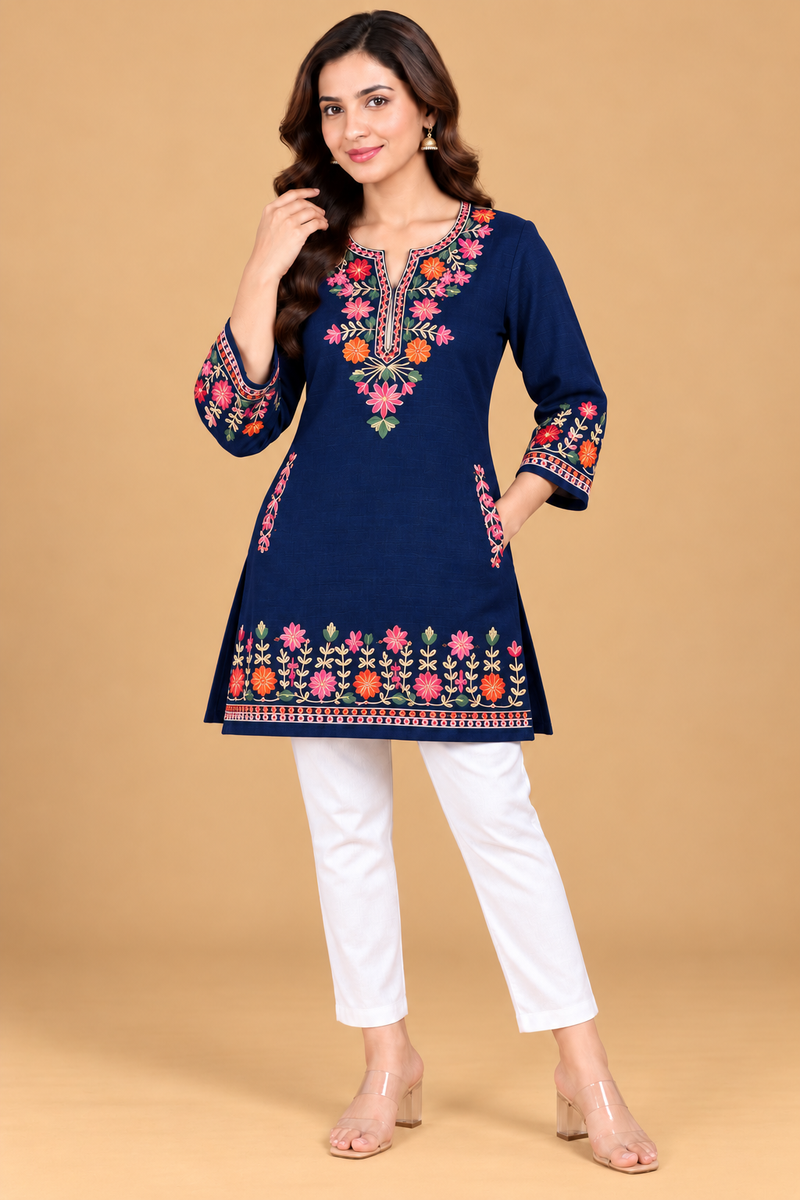 Multicolour Floral Embroidered Short Kurti for Women