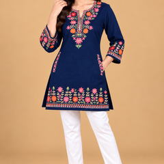 Multicolour Floral Embroidered Short Kurti for Women